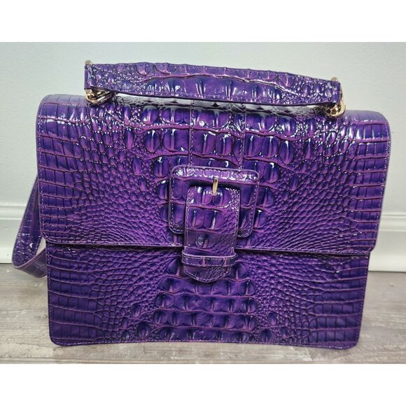 BRAHMIN Hallie Melbourne Medium Embossed Leather Satchel In Royal Purple - Picture 1 of 12